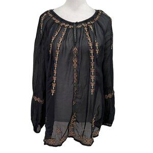 Lucky Brand Black Sheer Top with Tan Embroidery